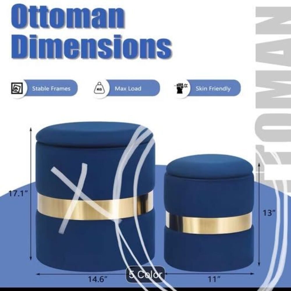 Blue Velvet Storage Ottoman with Gold Trim
